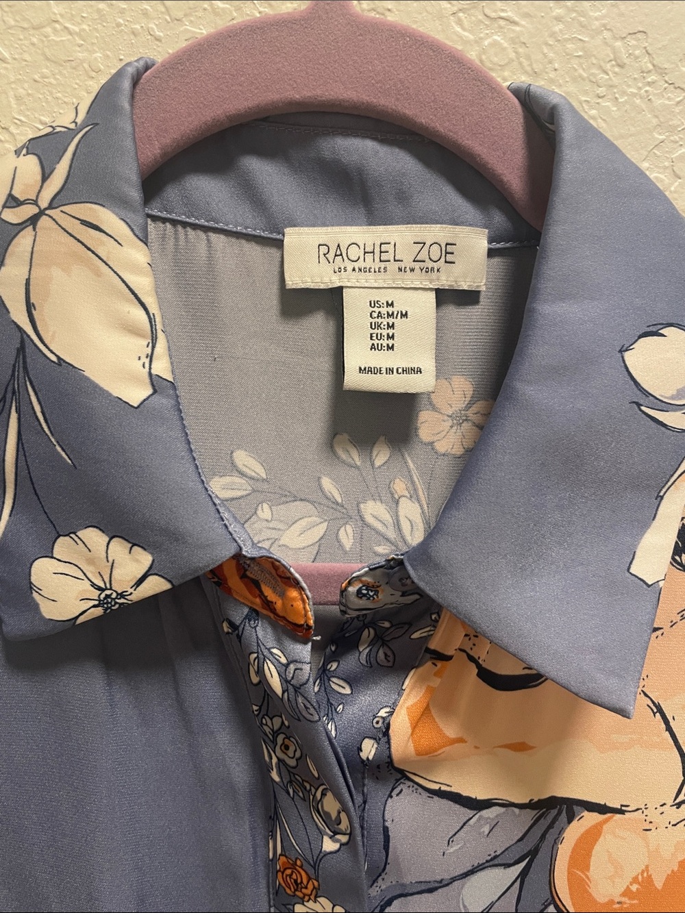 Rachel Zoe Blue Short-Sleeve Button-Down Shirt with Orange Floral Print - Picture 2 of 2